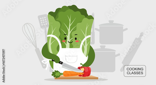 Animated Lettuce Preparing a Culinary Recipe in Friendly Cooking Classes Setting