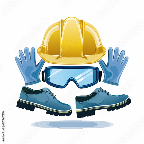 Equipement de protection individuelle, logistique, casque, lunettes, chaussure et gilet de sécurité, arrière plan clair