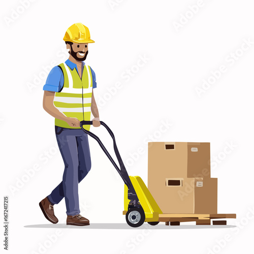 Employé qui déplace des cartons avec un transpalette, barbu, souriant, casque et gilet de protection