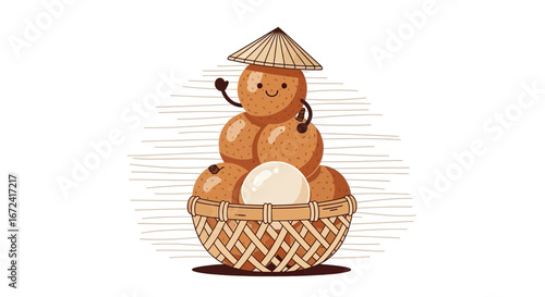 Animated Longan Fruit Pile In A Woven Basket, With A Cartoon Asian Farmer Hat