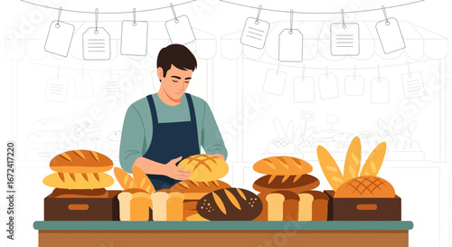 Artisan Baker Showcasing Fresh Breads And Baked Delights At A Local Market Stall