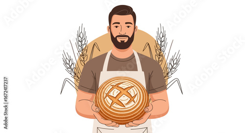 Artisan Baker Showcasing Freshly Baked Loaf Above Wheat Stalks Against Simple Background