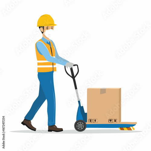 Logistique, manutentionnaire portant un casque de protection et un gilet de sécurité, qui déplace des cartons avec un transpalette manuel, arrière plan blanc uni