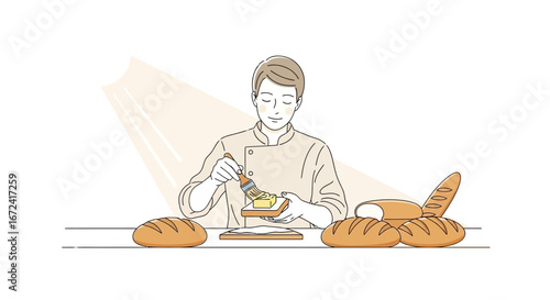 Artisan Baker Skillfully Spreads Butter On Toast, Composing Delicious Breakfast Scene