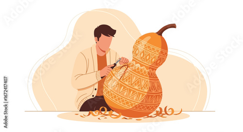Artisan Carving Intricate Patterns On Gourd Using Specialized Tools in Digital Illustration