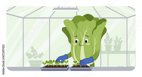 Animated Pak Choi Character Tending to Garden Seedlings in a Greenhouse