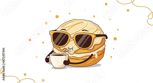 Animated Pancake Character Relaxing, Drinking Coffee, Wearing Eyeglasses In A Sunny Day