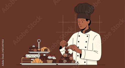 Artisan Confectioner Skillfully Arranging Exquisite Chocolate Desserts With Flair And Precision