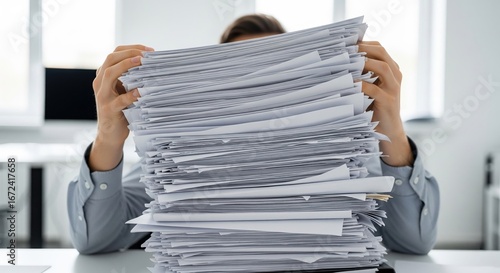 Overwhelmed Person Holding Huge Stack of Papers