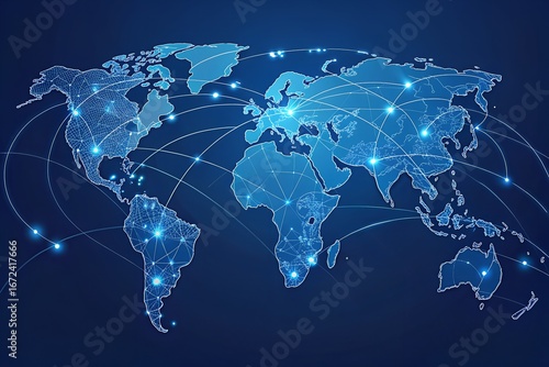 Global network connection earth digital planet technology concept with glowing lines connecting cities across continents