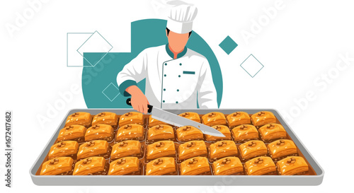 Artisan Preparing Baklava: Culinary Excellence and Dessert Delight Illustration