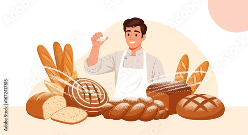 Artisanal Baker Preparing Flour, Surrounded By Assortment Of Freshly Baked Bread