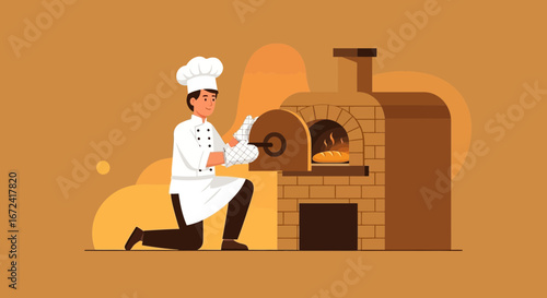 Artisanal Baker Freshly Retrieves Baked Loaf from Traditional Brick Oven