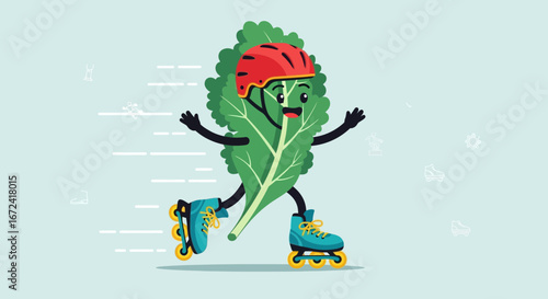 Animated Plant Character Rollerblading Energetically While Wearing Protective Headgear