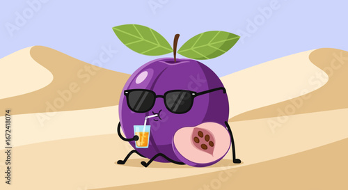 Animated Plum Lounging In Desert With Sunglasses And Refreshing Juice Enjoying Summertime Vibe