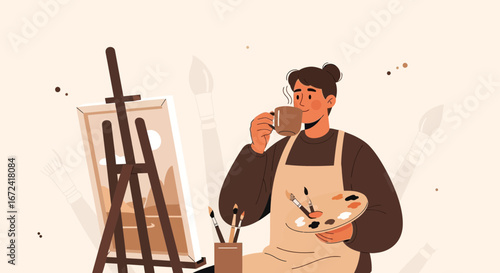Artist Enjoying Coffee Break By Easel: A Moment Of Creative Inspiration and Contemplation