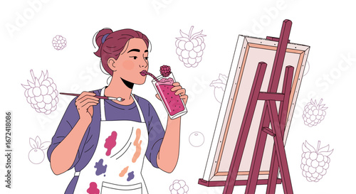 Artist Enjoying A Refreshing Drink While Working On A Colorful Painting Creation