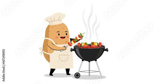 Animated Potato Chef Preparing Skewers on a Barbecue Grill for a Delicious Meal