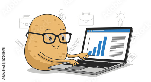 Animated Potato With Spectacles Analyzing Graphs On A Laptop, Modern Business Concept