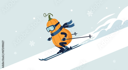Animated Pumpkin Enjoys Skiing Down The Snowy Slope During Wintertime Fun