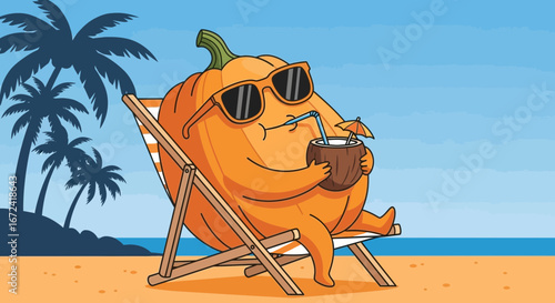 Animated Pumpkin Relaxes on Tropical Beach Lounging With Refreshing Summer Drink