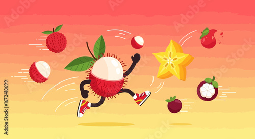 Animated Rambutan Figure Joyfully Running With Assorted Tropical Fruits on Colorful Background