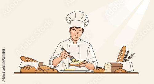 Artistic Baker Gently Spreads Butter on Toast, Surrounded by Breads and Baked Goods