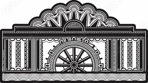 Illustration of a vintage style paddle wheel design with decorative elements and geometric patterns silhouette