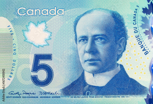 5 Dollars Canada, 2013 with a portrait of Sir Wilfrid Laurier. Polymer money of Canada.