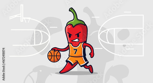 Animated Red Pepper Playing Basketball With Intense Focus On A Court Of Competition