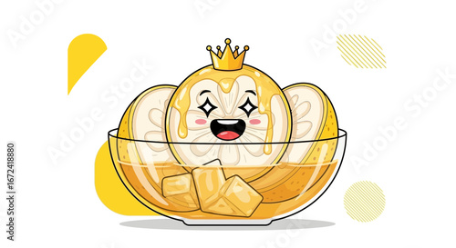 Animated Royalty: A Cheerful Lemon Character with Crown Enjoying a Refreshing Drink