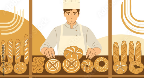 Artistic Baker Presenting Freshly Baked Bread Collection For Customers To Purchase