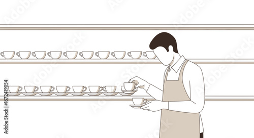 Artistic Cafe Scene Depicting A Person Arranging Coffee Cups On Shelves