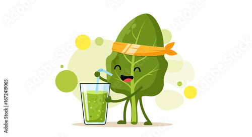 Animated Spinach Character Enjoying a Refreshing Green Smoothie and Promoting a Healthy Lifestyle