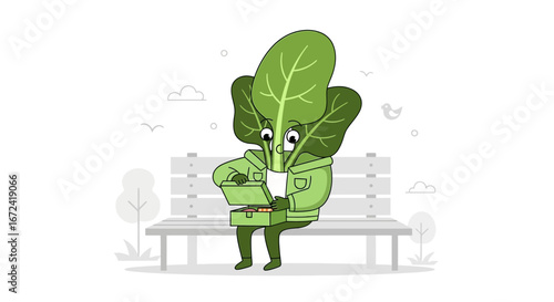 Animated Spinach Character Enjoying Lunch While Relaxing On A Park Bench Outdoors