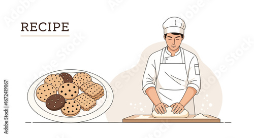 Artistic Chef Baking Delicious Dessert Cookies With Dough And Recipe Displayed