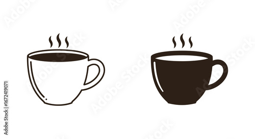 Two steaming coffee cups in black and white