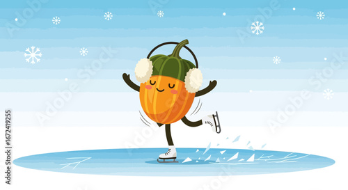 Animated Squash Character Gleefully Ice Skating in Snowy Winter Wonderland Scene