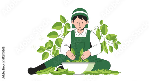 Artistic Depiction Of A Farmer Harvesting Green Vegetables, Freshly Grown Crop