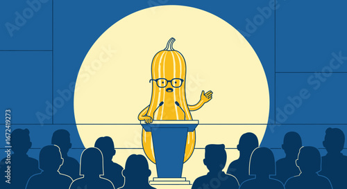 Animated Squash Delivers Speech, Addressing Audience, Cartoonish Illustration, Spectacle