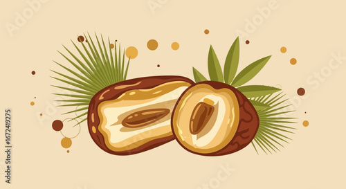 Artistic Date Fruit Illustration: Vivid Cut Sections Show Seed And Natural Leaves Adornment