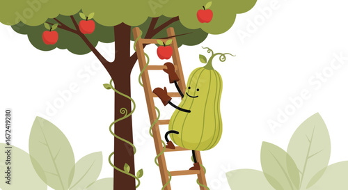 Animated Squash Climbs Ladder To Pluck Apples From Tree In Whimsical Illustration