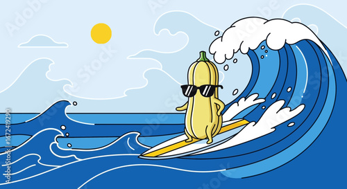 Animated Squash Surfs A Wave Under A Sunny Sky Depicting A Playful Cartoon