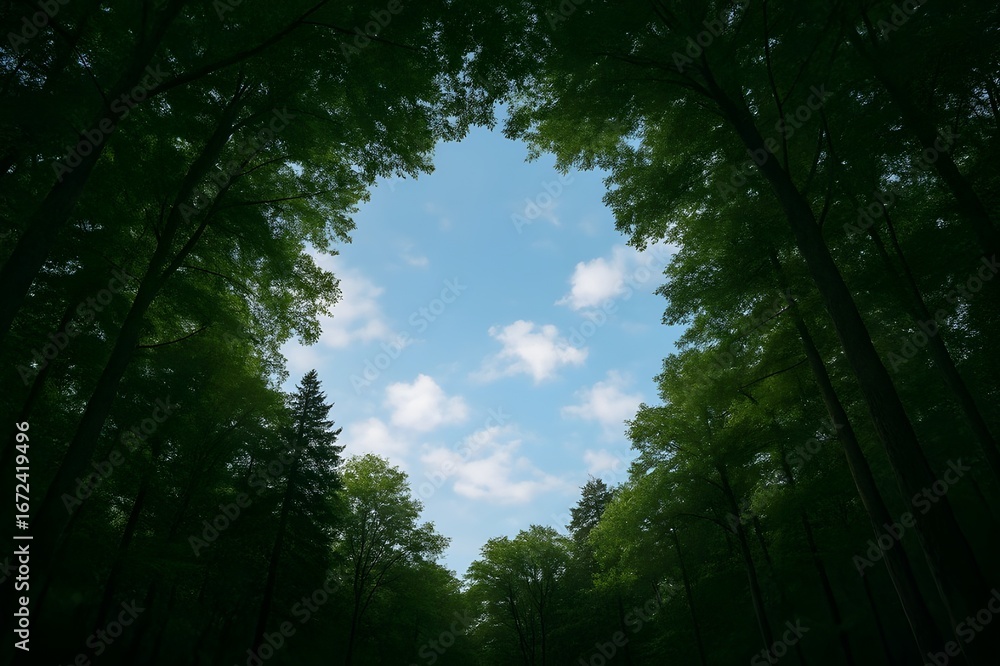 Naklejka premium Forest Canopy Frame: Blue Sky and Clouds Seen Through Trees