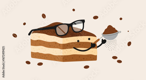 Animated Tiramisu Piece With Glasses Sprinkles Cocoa Powder And Coffee Beans