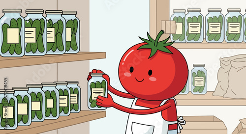 Animated Tomato Character Displaying Preserved Pickles On Shelves For Canned Goods
