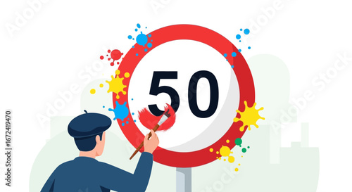 Artistic Depiction of Speed Limit Symbol with Number 50, Creative Concept
