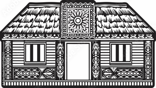 Detailed black and white illustration of a traditional house with thatched roof and floral accents silhouette
