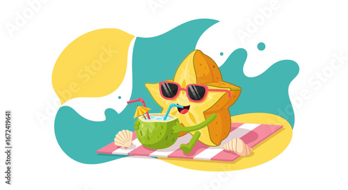 Animated Tropical Starfruit Character Relaxing On the Beach Drinking Coconut Water for a