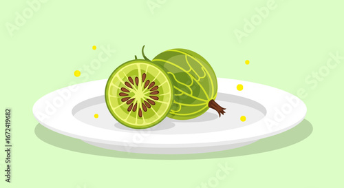 Artistic Green Gooseberries Sliced On A White Plate With A Simple Green Background